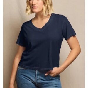 perfectwhitetee Hendrix Cotton Boxy V Neck Tee in Navy Blue Sz XS